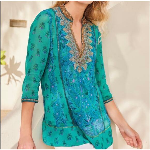 Soft Surroundings NWT Meridian Blue Embellished Bronte Kaftan Tunic & Tank Top - Picture 2 of 10